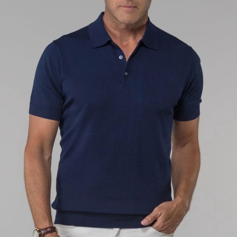 NEW Collars & Co Navy‎ Blue Maranello Cotton Silk 3 Button Polo Sweater Small